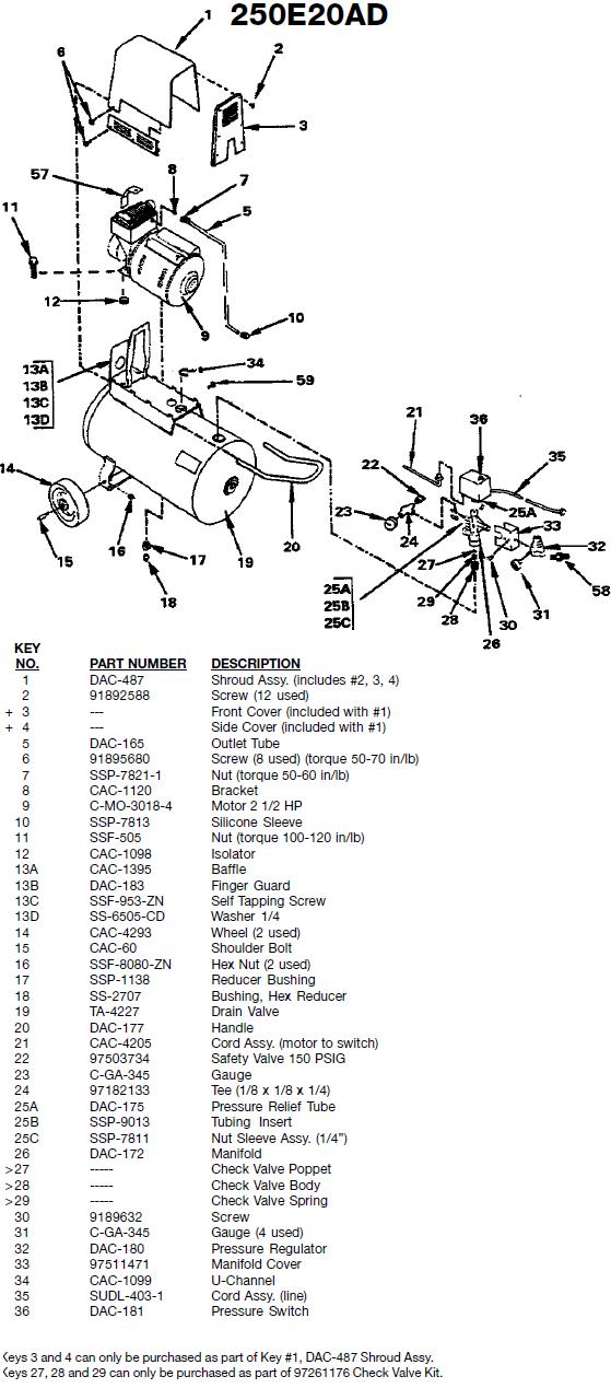 250E20AD Compressor Breakdown and Parts List